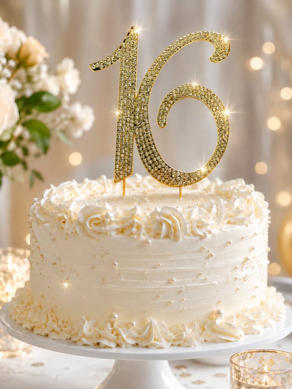 Rhinestone Cake Topper - Number 16 - Gold Metal with Czech Rhinestones
